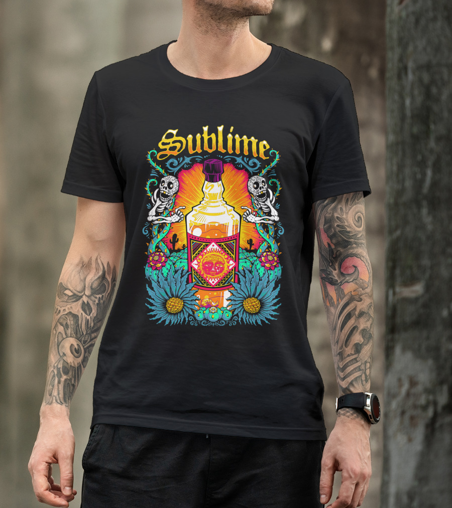 Sublime Tequila Bottle With Skeletons And Flowers T-Shirt