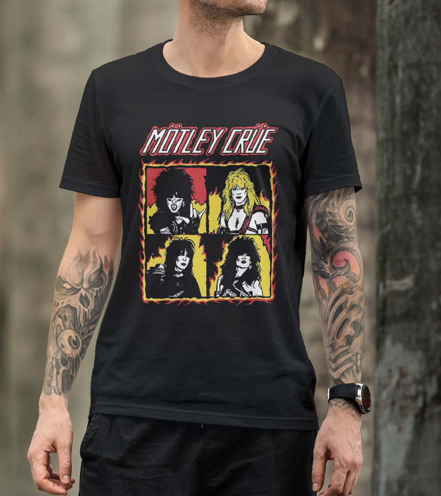 Mötley Crüe Cartoon Band Members Fire Border T-Shirt