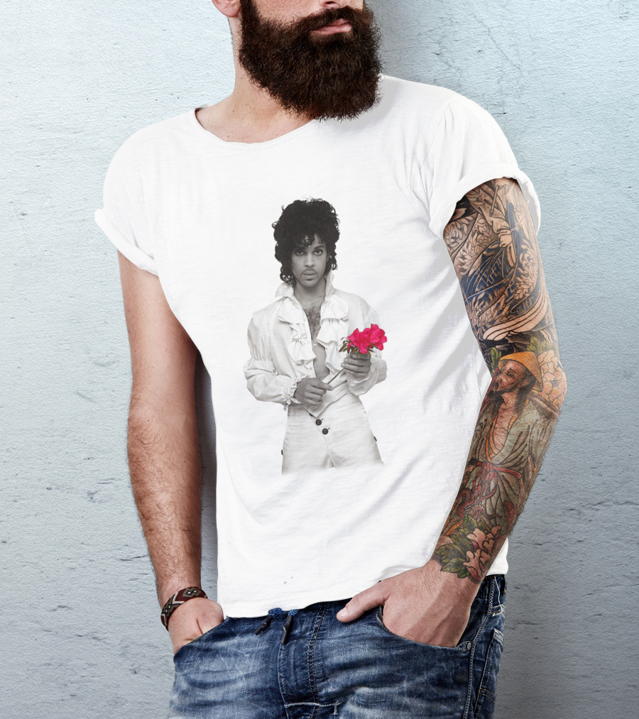 Pr 19 Vintage Style White Frilled Shirt Holding Pink Roses T-Shirt
