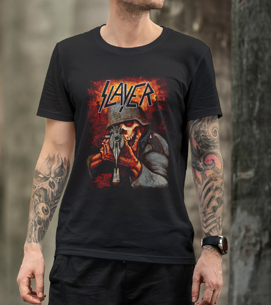Slayer Hellish Soldier Skeleton Aiming Gun Blaze T-Shirt