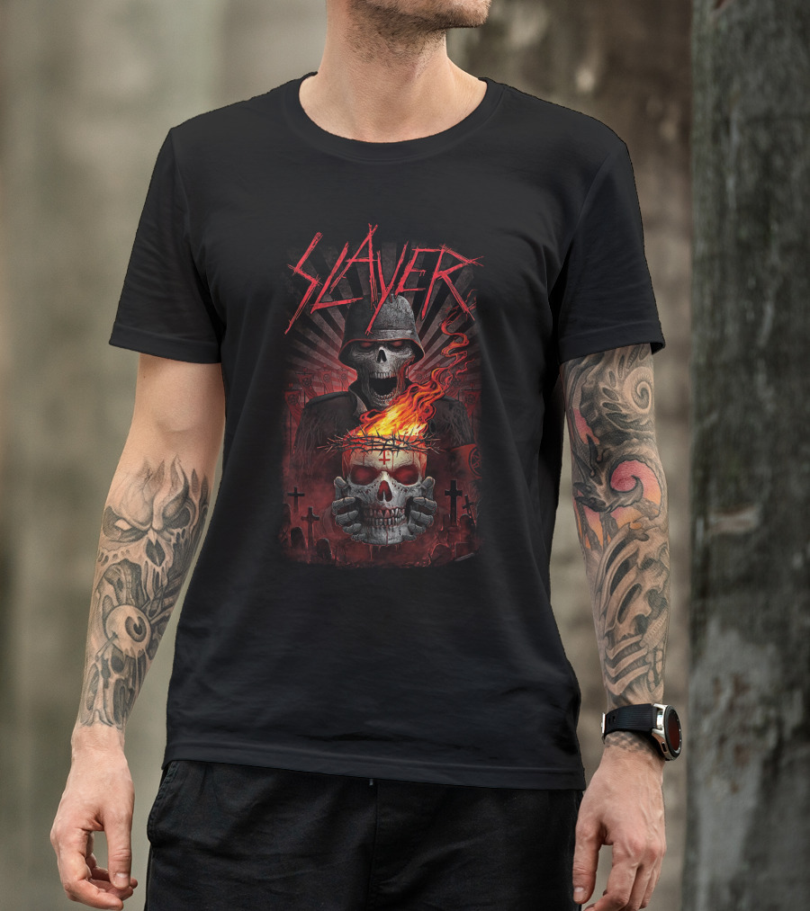 Slayer Skull Soldier With Fiery Crown And Crosses T-Shirt