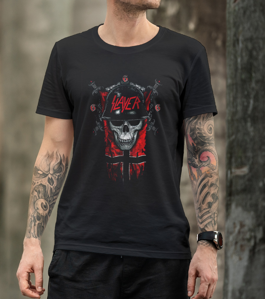 Slayer Skull Helmet Swords And Red 666 Banner T-Shirt