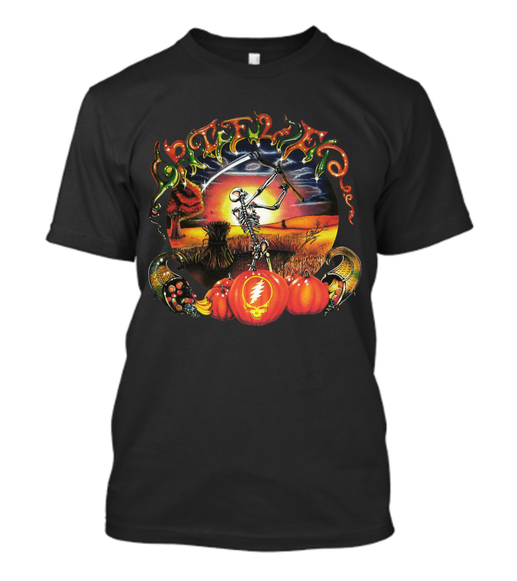 Grateful Dead Skeleton Scythe Harvest Lightning Bolt Pumpkins T-Shirt