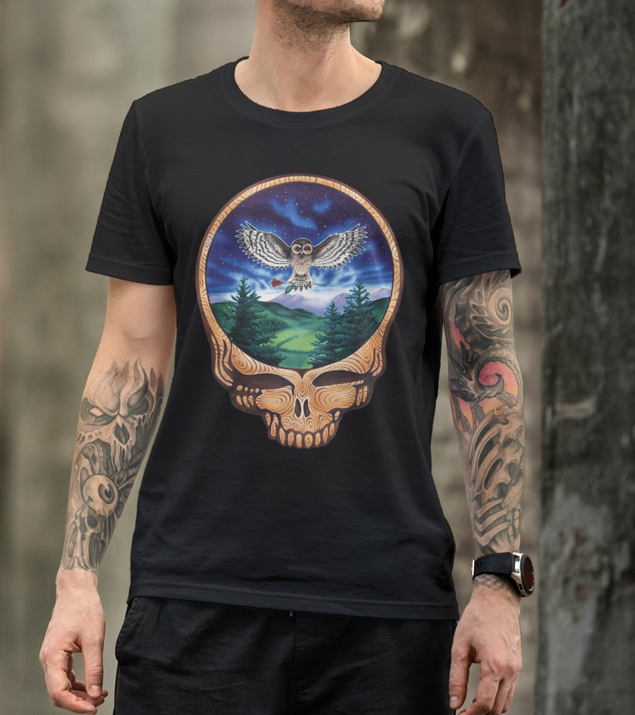 Grateful Dead Steal Your Face Owl In Night Sky Forest Scene T-Shirt