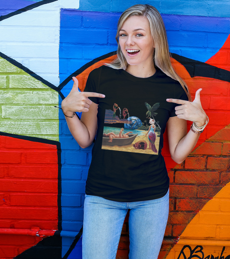 Surreal Tropical Scene With Mermaid And Earth T-Shirt