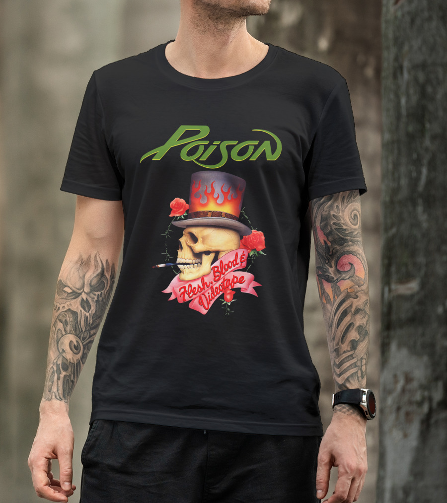 Poison Flesh Blood & Videotape Skull With Roses And Cigarette T-Shirt