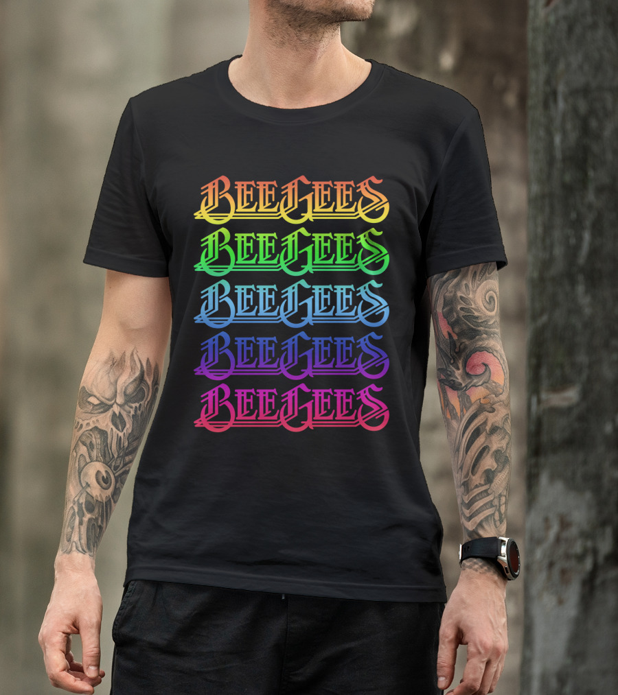 Bee Gees Rainbow Text Multi-Color Typography T-Shirt