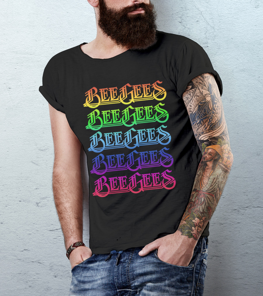 Bee Gees Rainbow Text Multi-Color Typography T-Shirt
