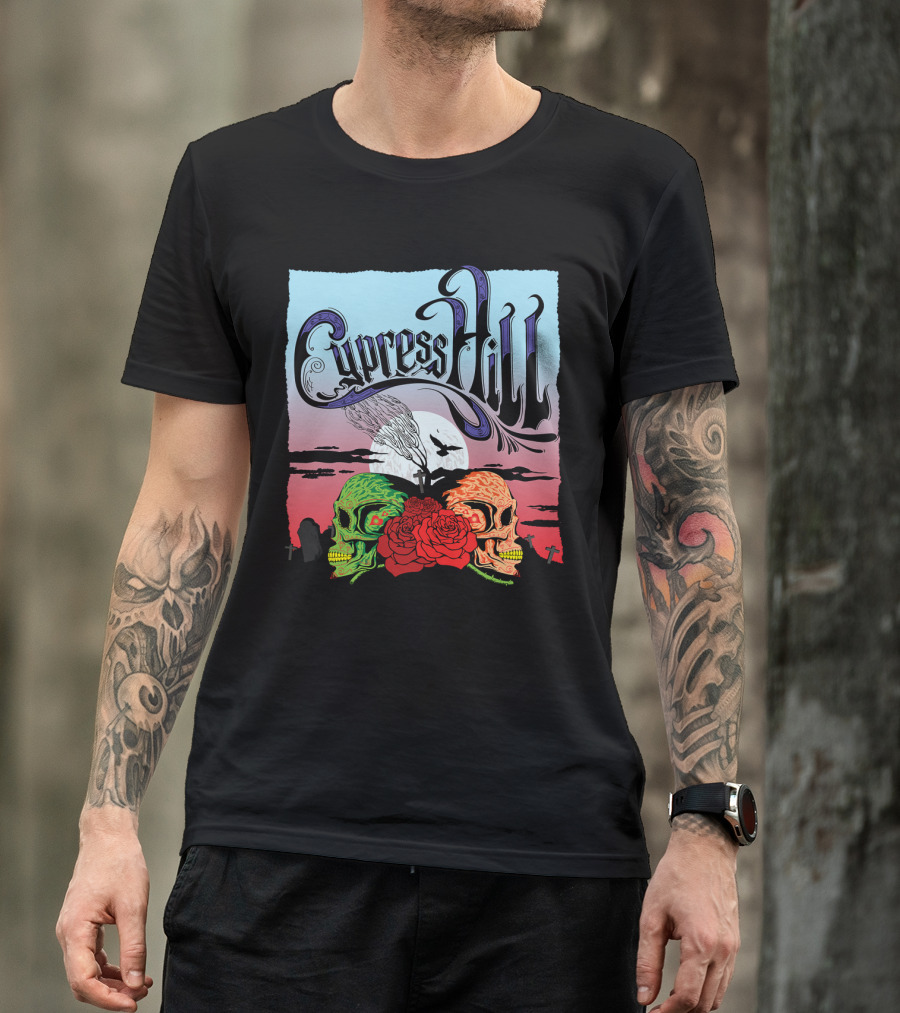 Cypress Hill Two Skulls And Roses With Moon And Raven T-Shirt