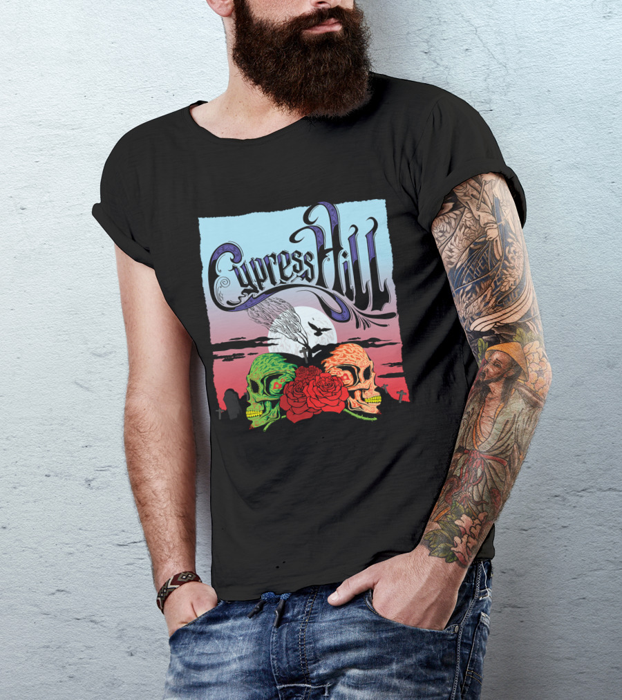 Cypress Hill Two Skulls And Roses With Moon And Raven T-Shirt