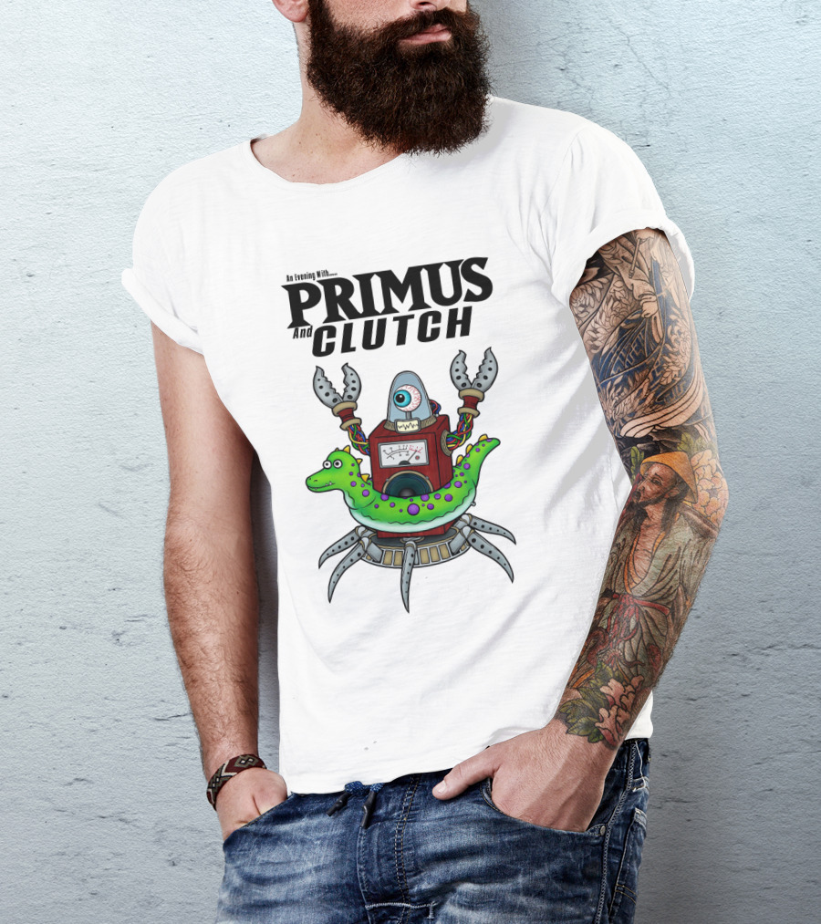 An Evening With Primus And Clutch Robot Monster With Alligator Alien Creature T-Shirt