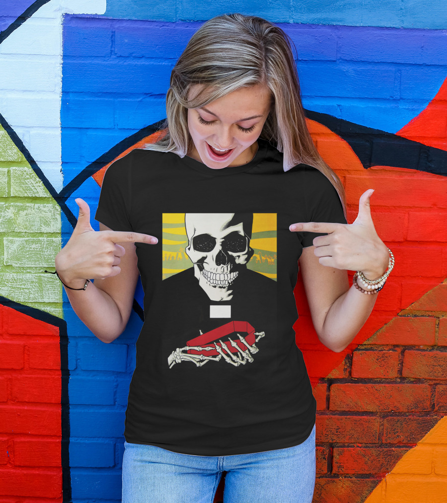 Bold Skeleton With Red Coffin On Striped Yellow T-Shirt