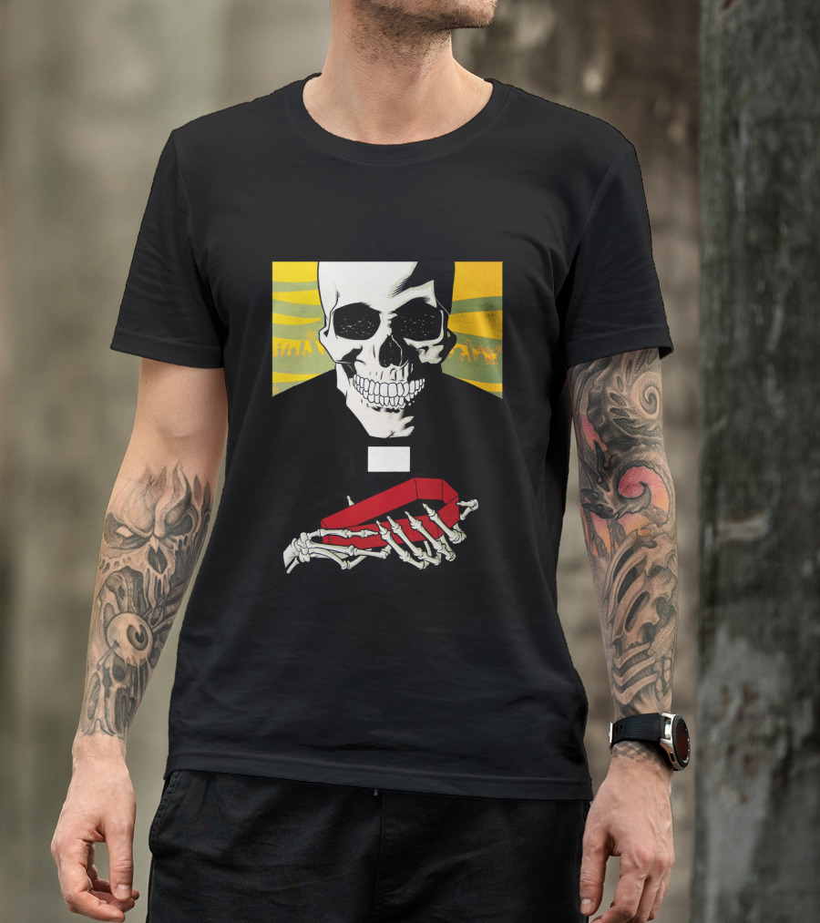 Bold Skeleton With Red Coffin On Striped Yellow T-Shirt