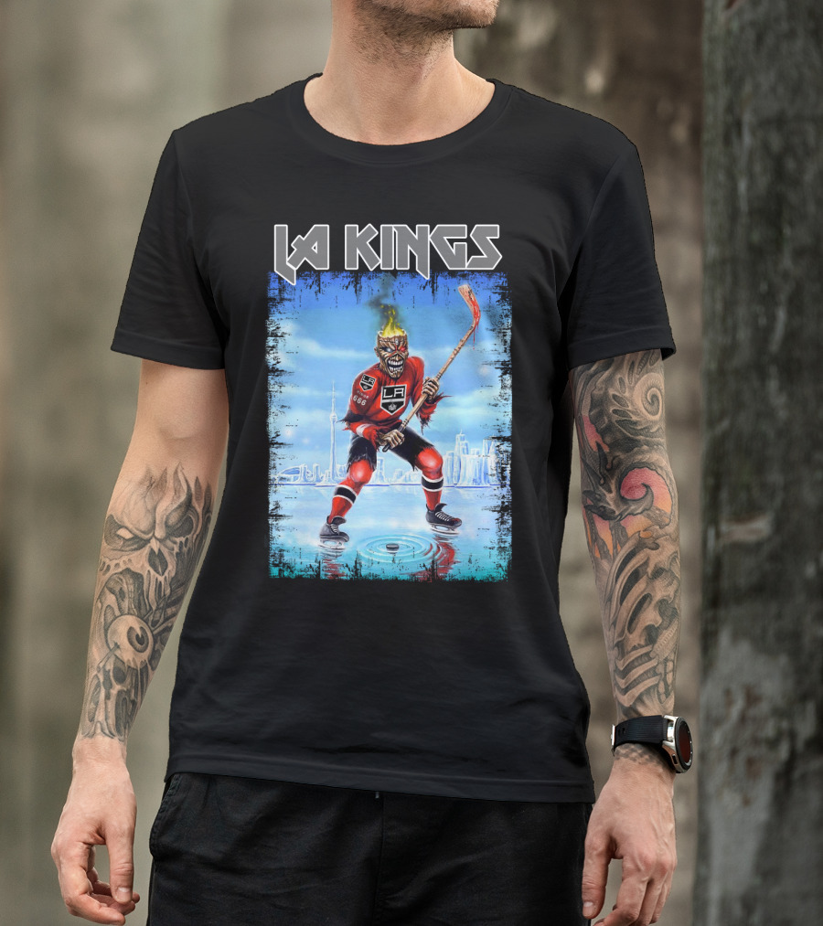 La Kings Fiery Hockey Player With Skyscraper T-Shirt
