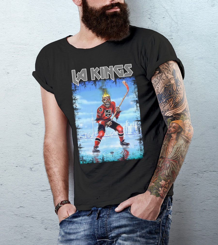 La Kings Fiery Hockey Player With Skyscraper T-Shirt