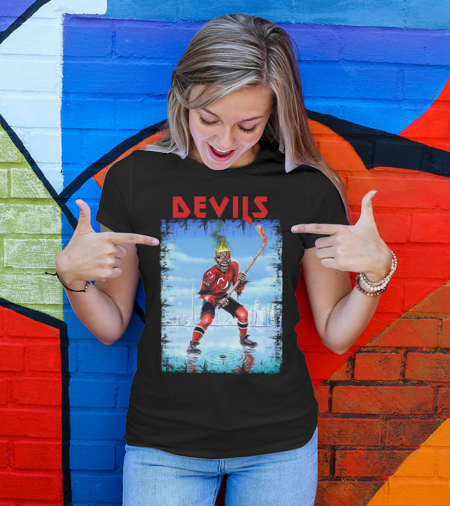 New Jersey Devils Hockey Fiery Demon Skater 666 City Skyline T-Shirt