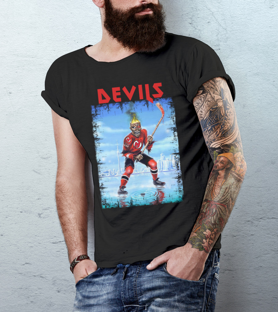 New Jersey Devils Hockey Fiery Demon Skater 666 City Skyline T-Shirt