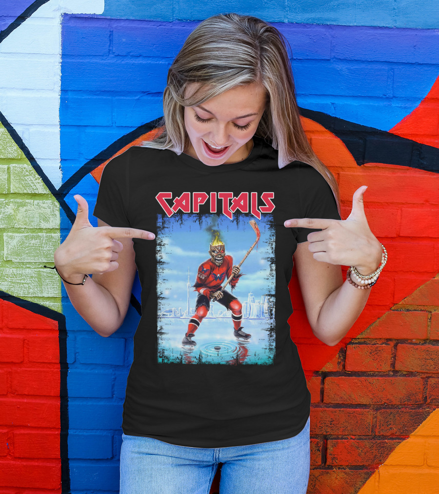 Capitals Hockey Player With Fiery Head And Hockey Stick On Ice With Cityscape T-Shirt