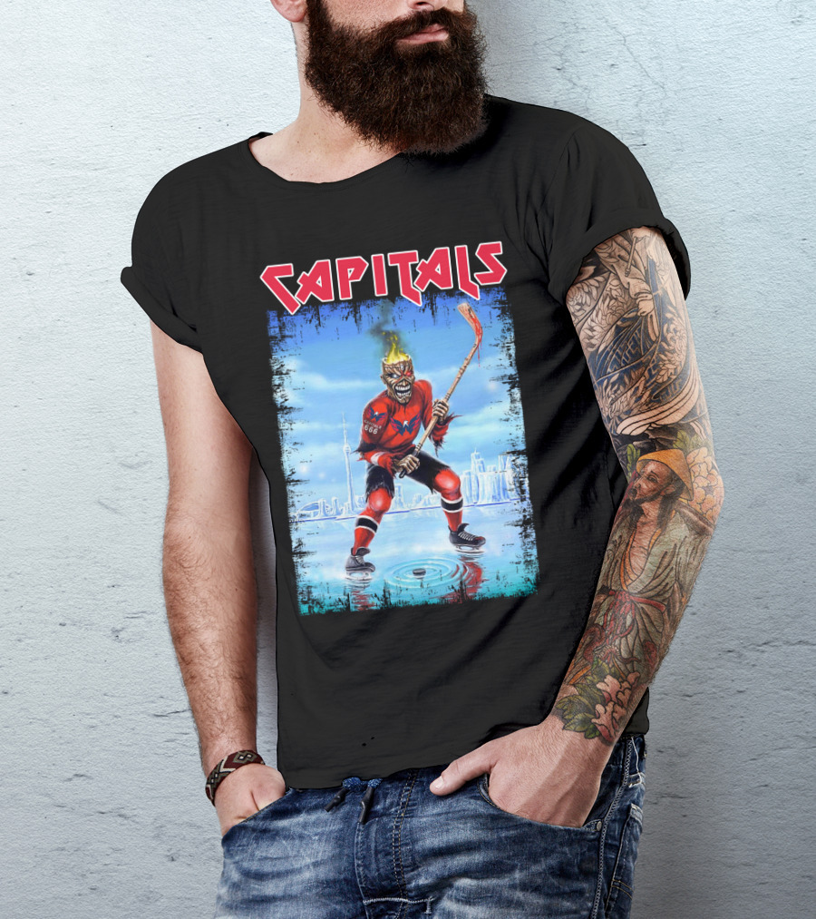 Capitals Hockey Player With Fiery Head And Hockey Stick On Ice With Cityscape T-Shirt
