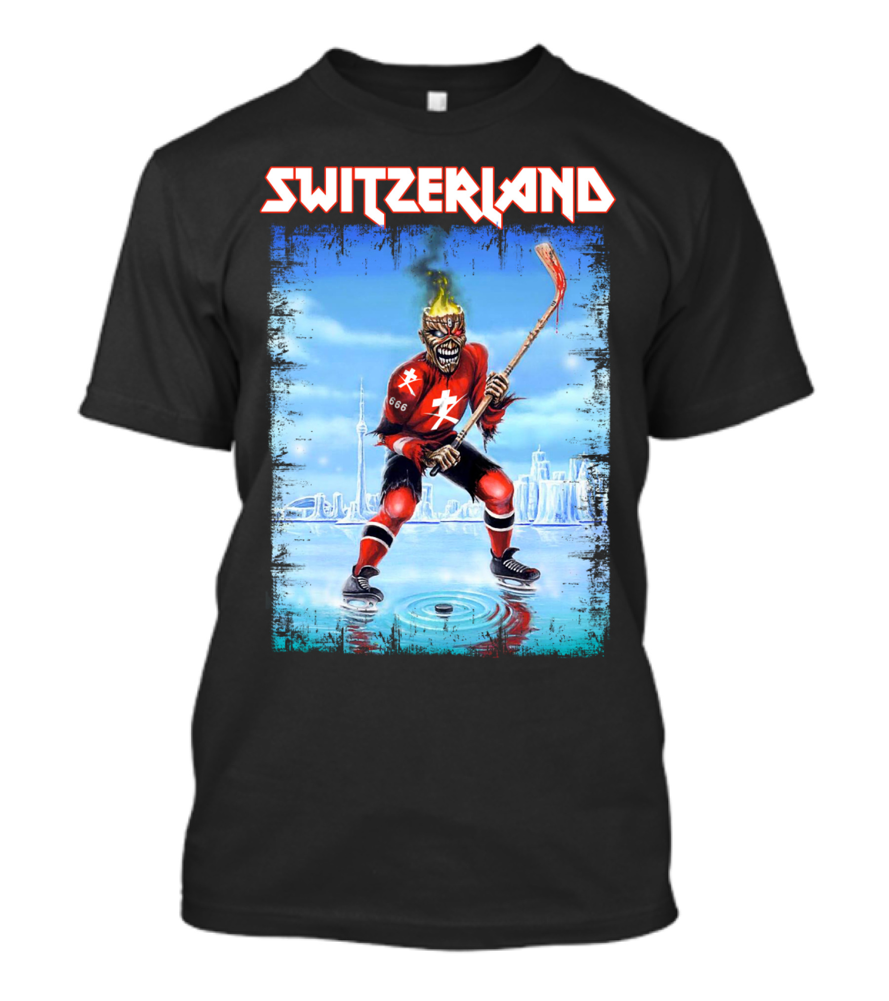 Switzerland Ice Hockey Skeleton With Flaming Head And Hockey Stick 666 Red Uniform Urban Ice Rink T-Shirt