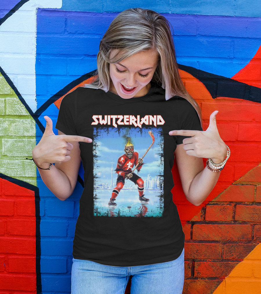 Switzerland Ice Hockey Skeleton With Flaming Head And Hockey Stick 666 Red Uniform Urban Ice Rink T-Shirt