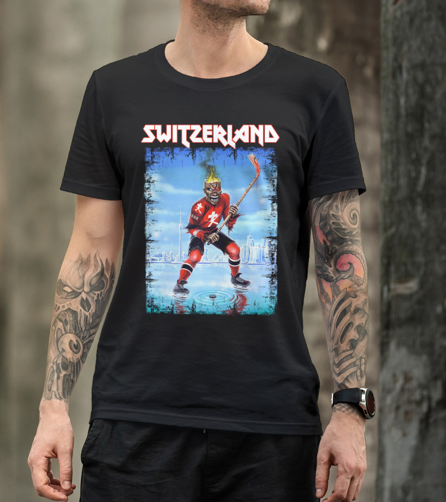 Switzerland Ice Hockey Skeleton With Flaming Head And Hockey Stick 666 Red Uniform Urban Ice Rink T-Shirt