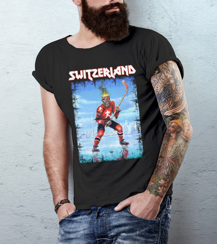 Switzerland Ice Hockey Skeleton With Flaming Head And Hockey Stick 666 Red Uniform Urban Ice Rink T-Shirt