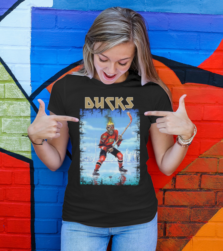 Ducks Hockey Player With Skeleton Face And Flaming Hair In Red Jersey T-Shirt