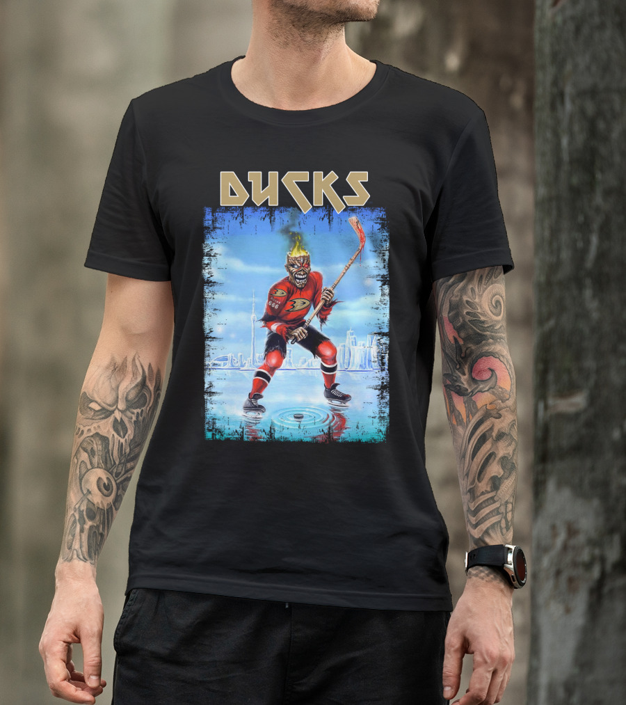 Ducks Hockey Player With Skeleton Face And Flaming Hair In Red Jersey T-Shirt