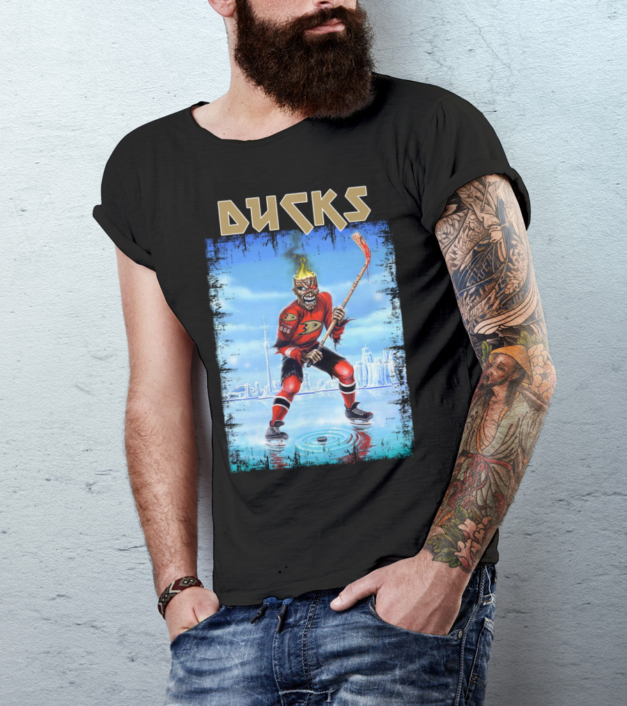 Ducks Hockey Player With Skeleton Face And Flaming Hair In Red Jersey T-Shirt
