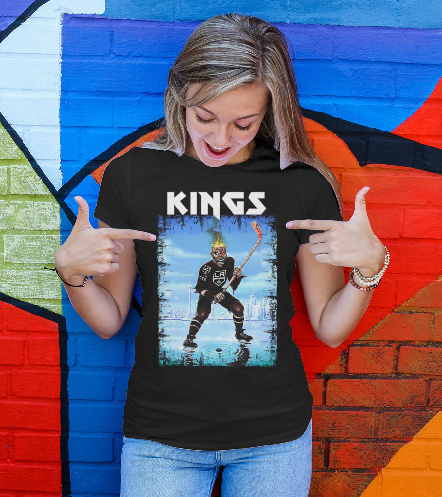 Kings Los Angeles Hockey Fiery Skull Player Ice Skating Scene T-Shirt