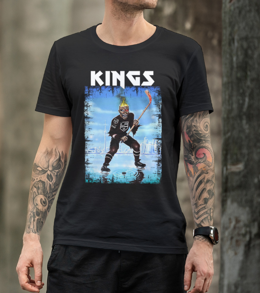 Kings Los Angeles Hockey Fiery Skull Player Ice Skating Scene T-Shirt