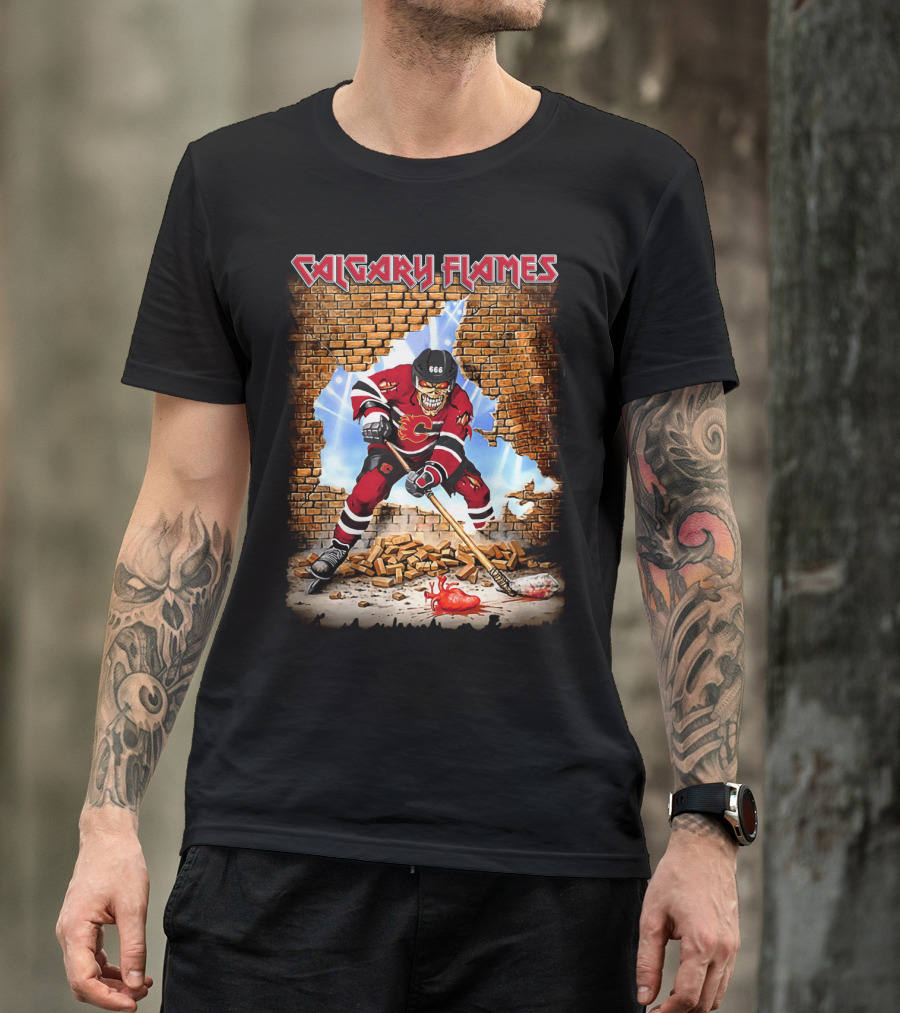 Calgary Flames Skeleton Hockey Player Breaking Through Wall T-Shirt