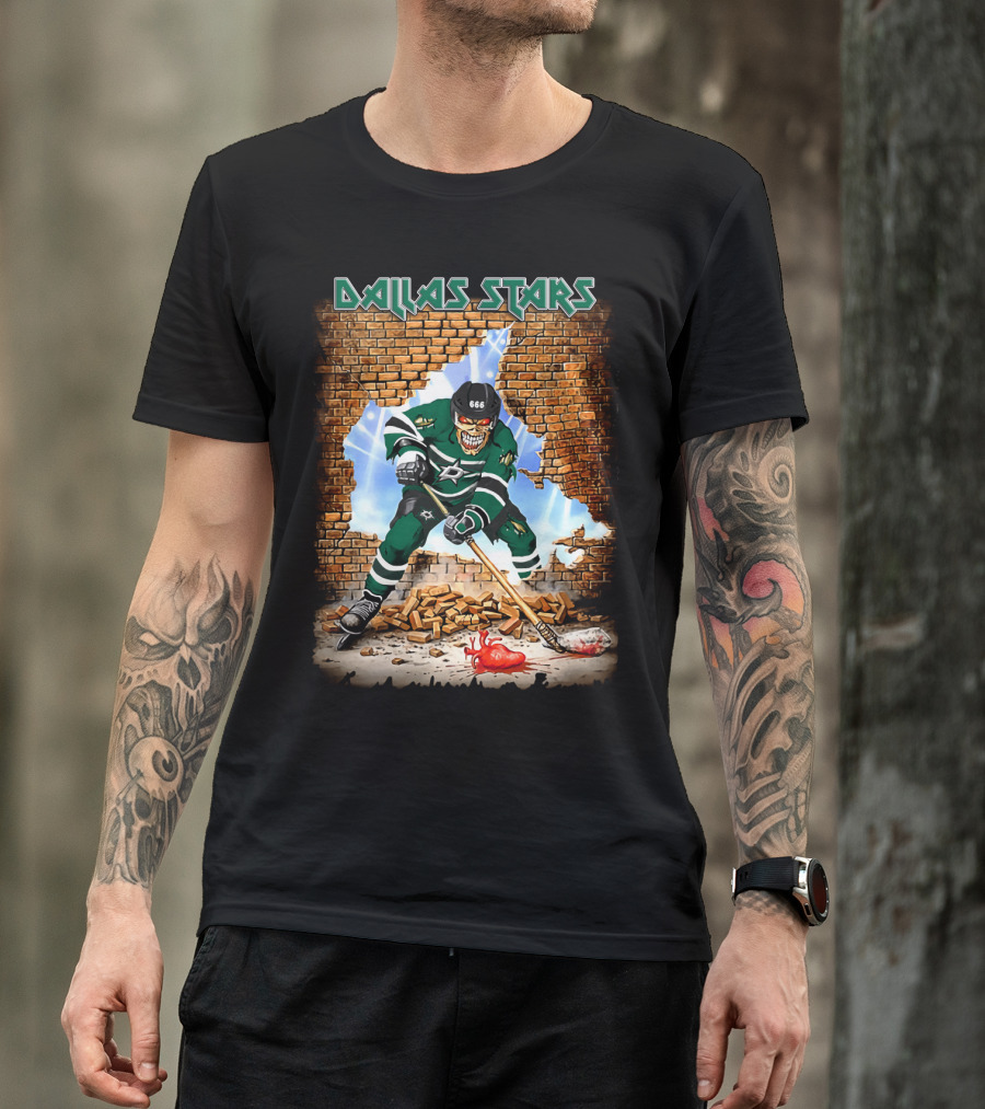 Dallas Stars Hockey Player Breaking Through Brick Wall With Skull Face And Hockey Stick T-Shirt