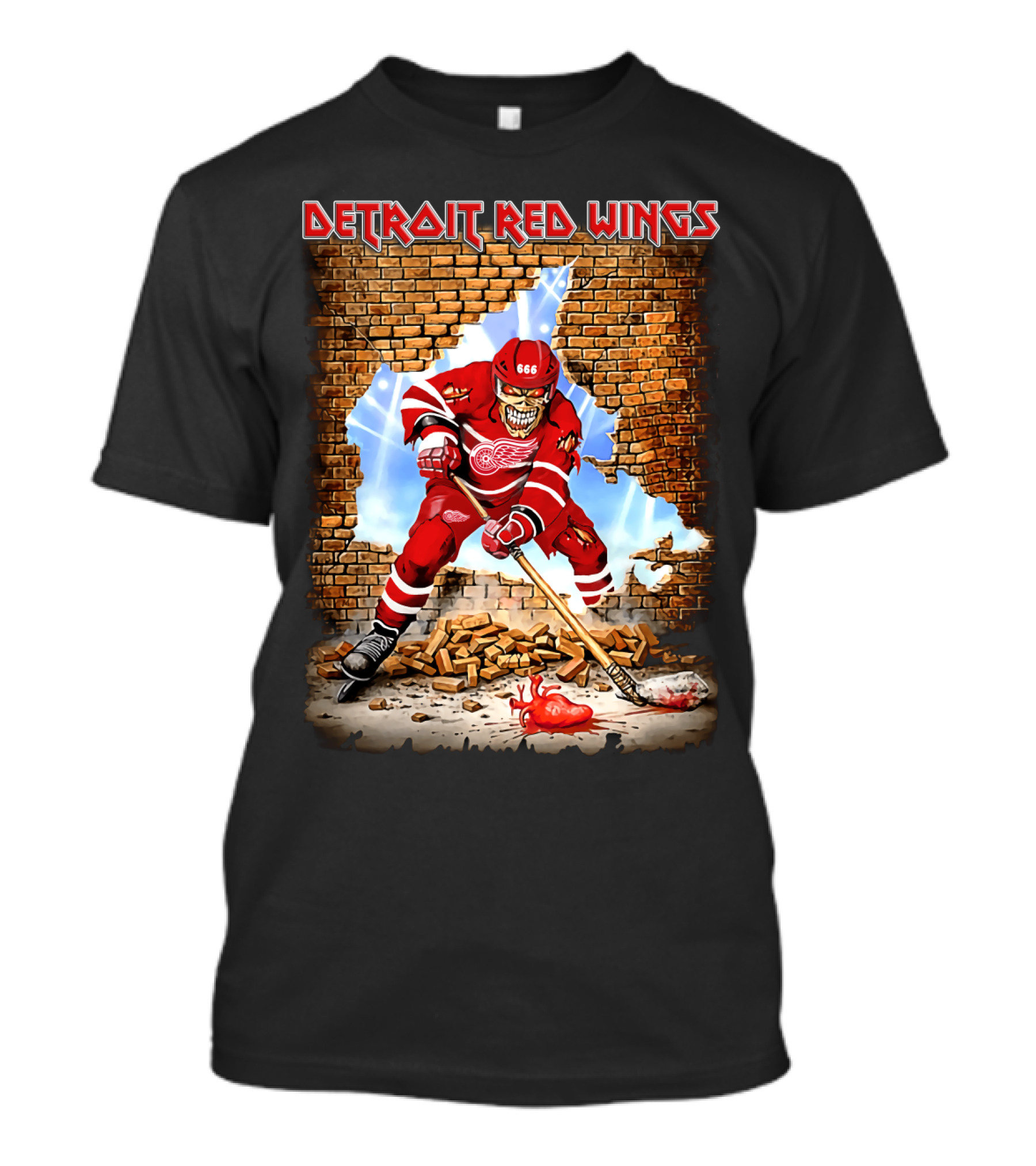 Detroit Red Wings Hockey Skeleton Brick Wall Breakthrough T-Shirt
