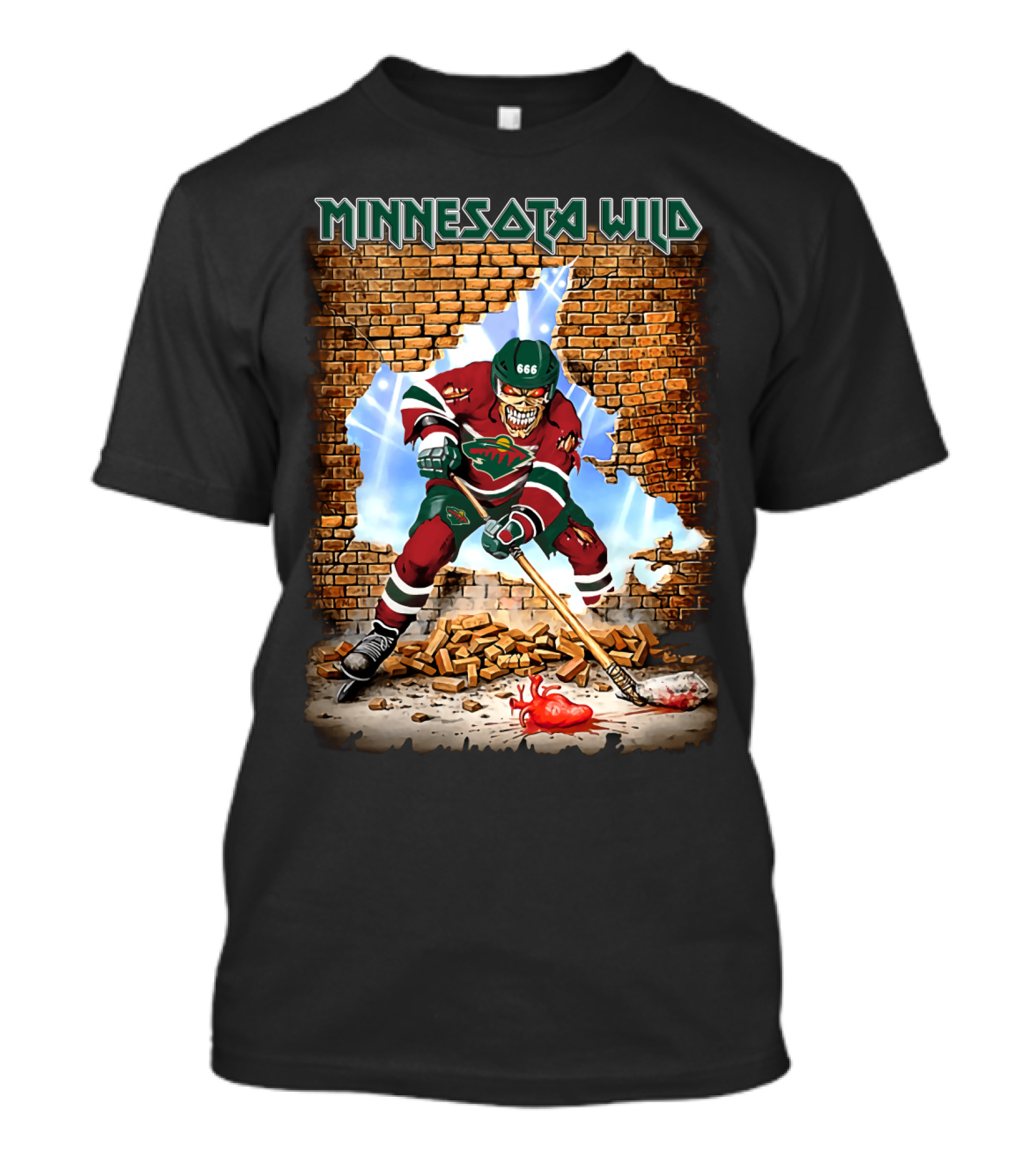 Minnesota Wild Hockey Player Breaking Through Brick Wall With Heart And Puck T-Shirt