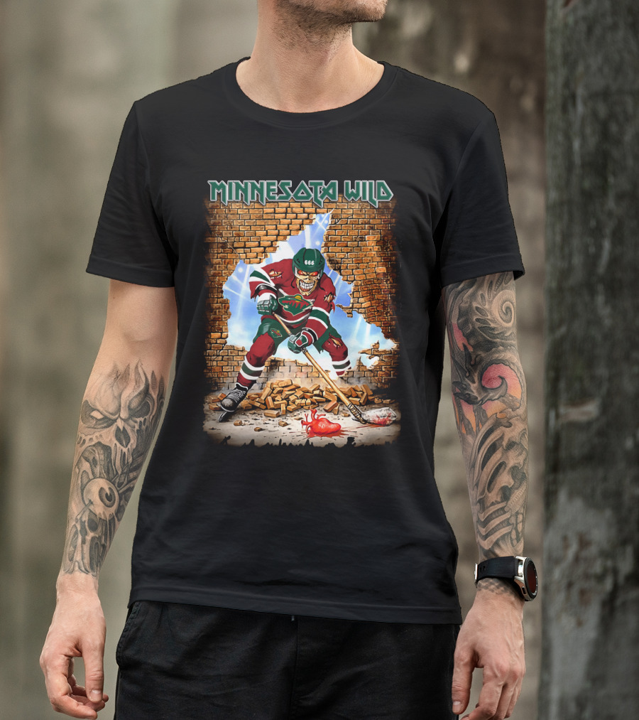 Minnesota Wild Hockey Player Breaking Through Brick Wall With Heart And Puck T-Shirt