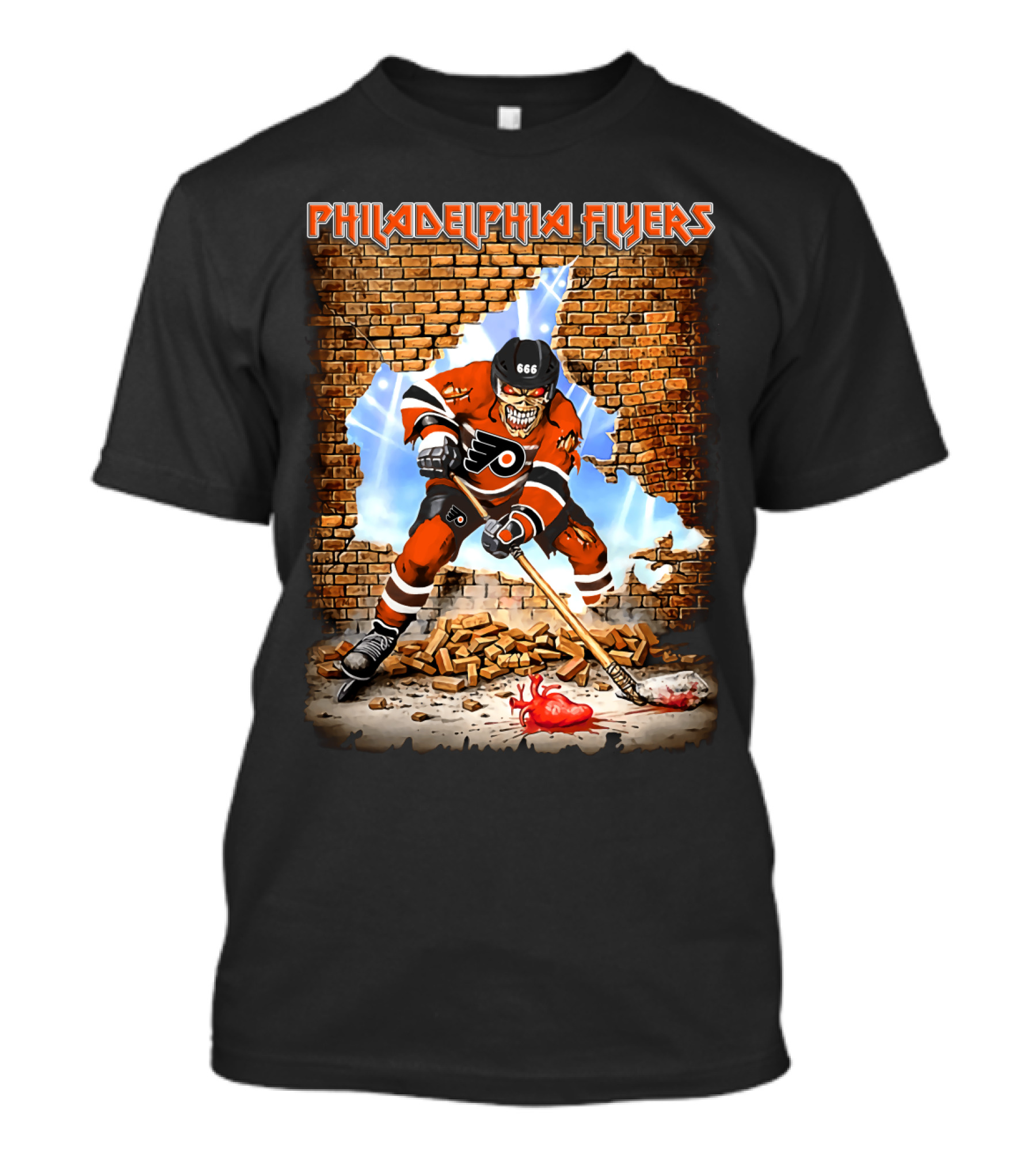 Philadelphia Flyers Skeleton Hockey Player Breaking Wall T-Shirt