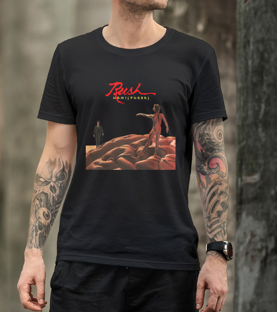 Rush Hemispheres Red Text Nude Figure On Brain With Man In Black Suit T-Shirt