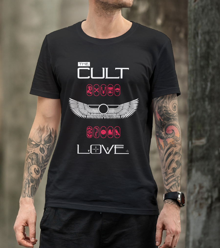 The Cult Love Album Egyptian Winged Symbols With Hieroglyphs Red And White T-Shirt