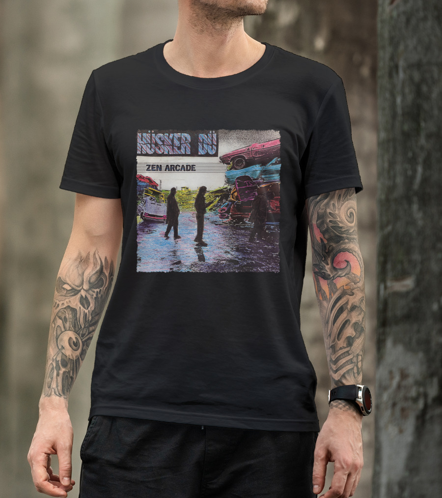 Husker Du Zen Arcade Album Cover With Silhouetted Figures And Junkyard Scene T-Shirt