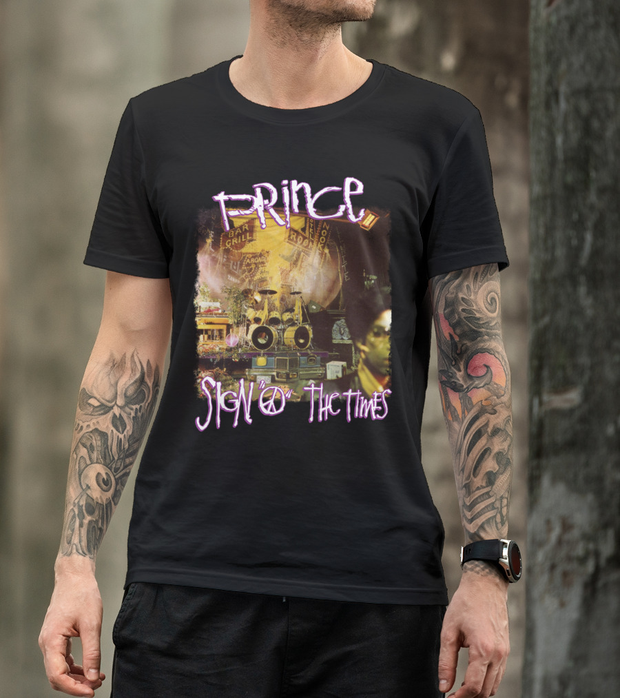 Prince Sign O The Times Album Cover Art With Musical Instruments And Stage Visuals T-Shirt