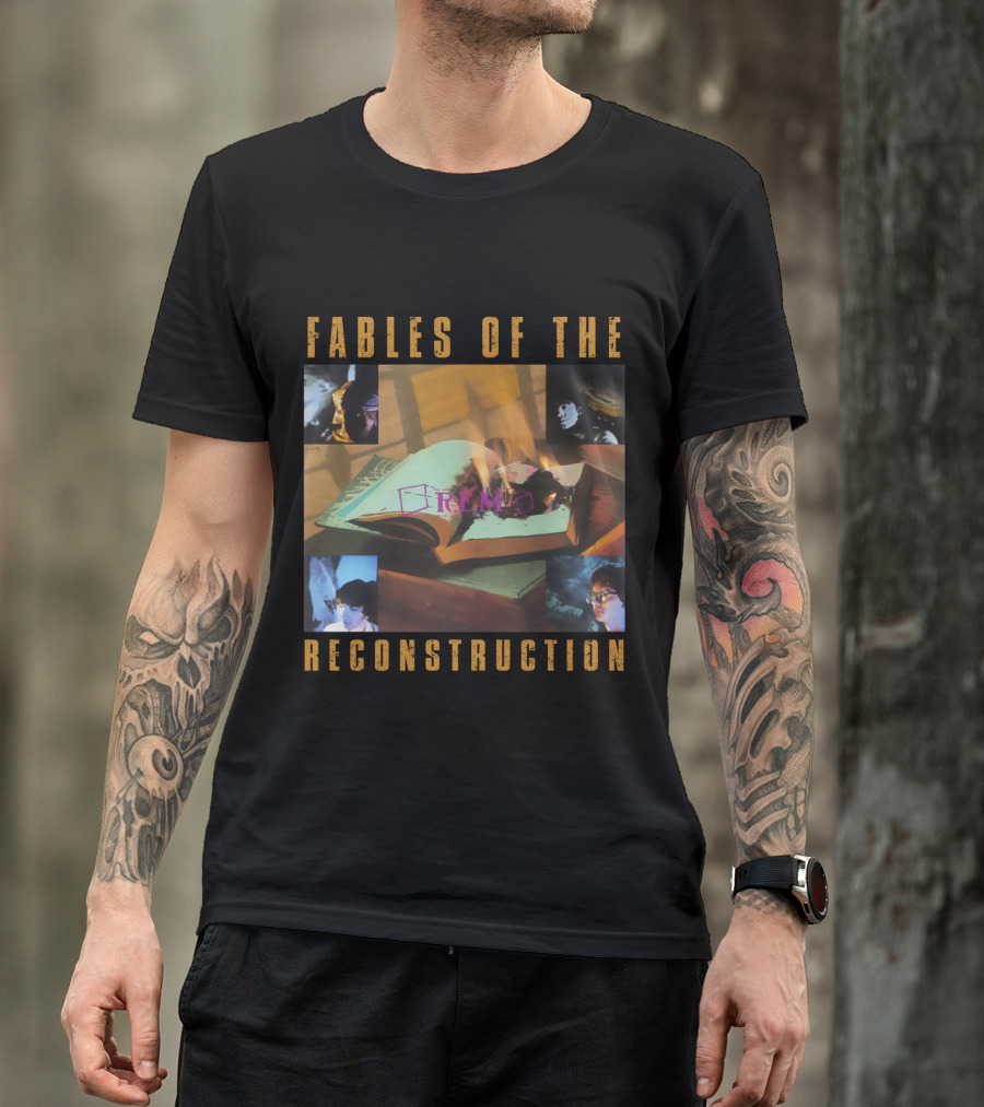 Fables Of The Reconstruction R.e.m Open Book With Burning Pages And Portraits T-Shirt