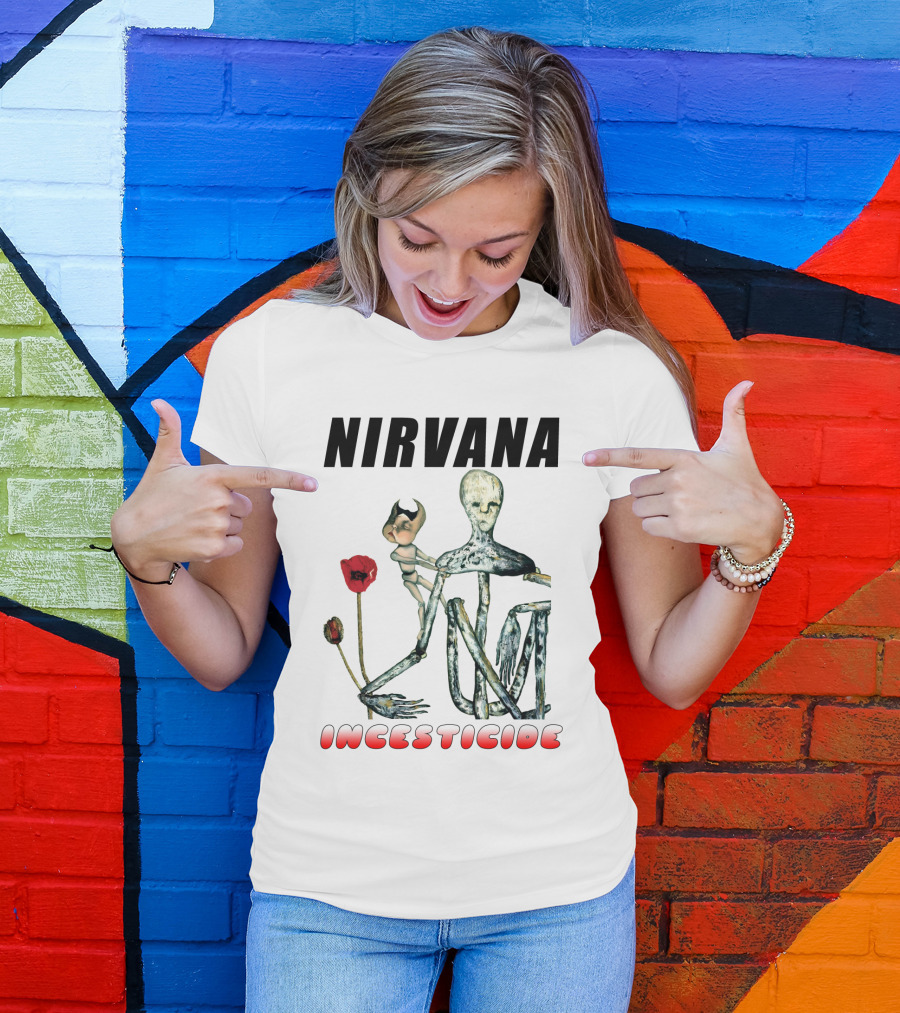 Nirvana Incesticide Album Cover Art With Surreal Skeleton Figure And Red Flowers T-Shirt
