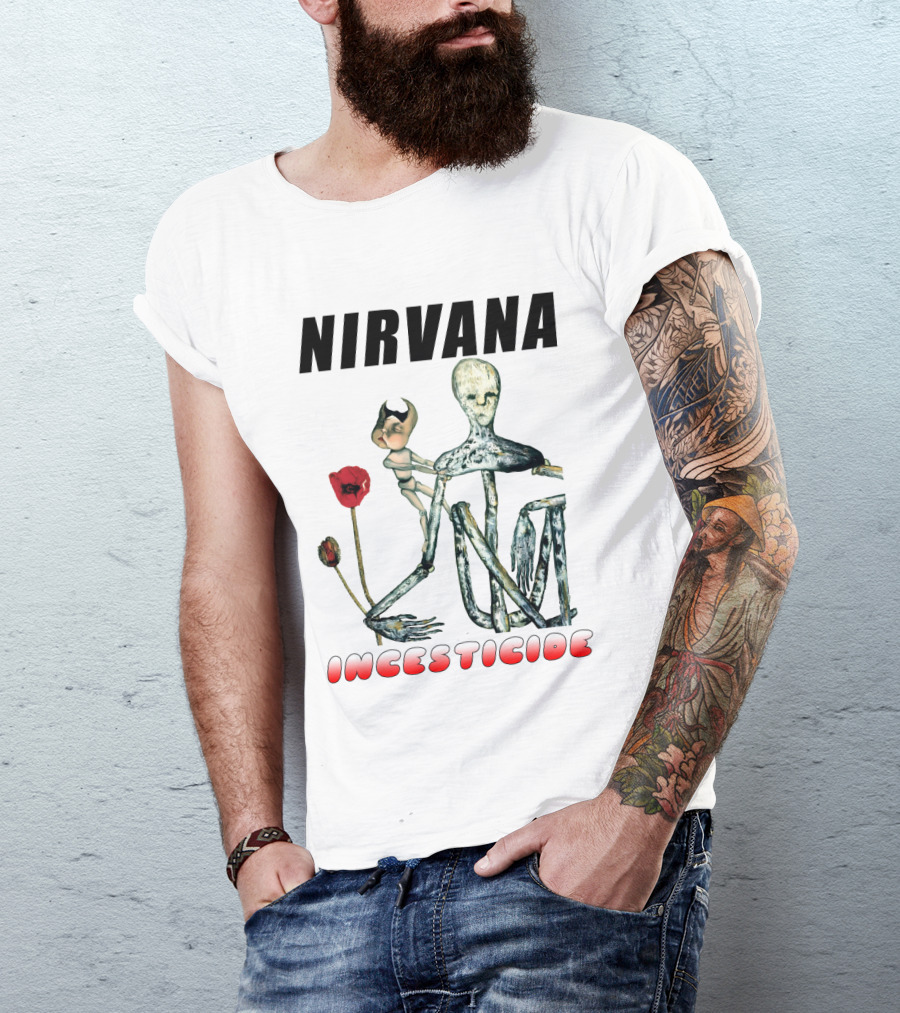 Nirvana Incesticide Album Cover Art With Surreal Skeleton Figure And Red Flowers T-Shirt
