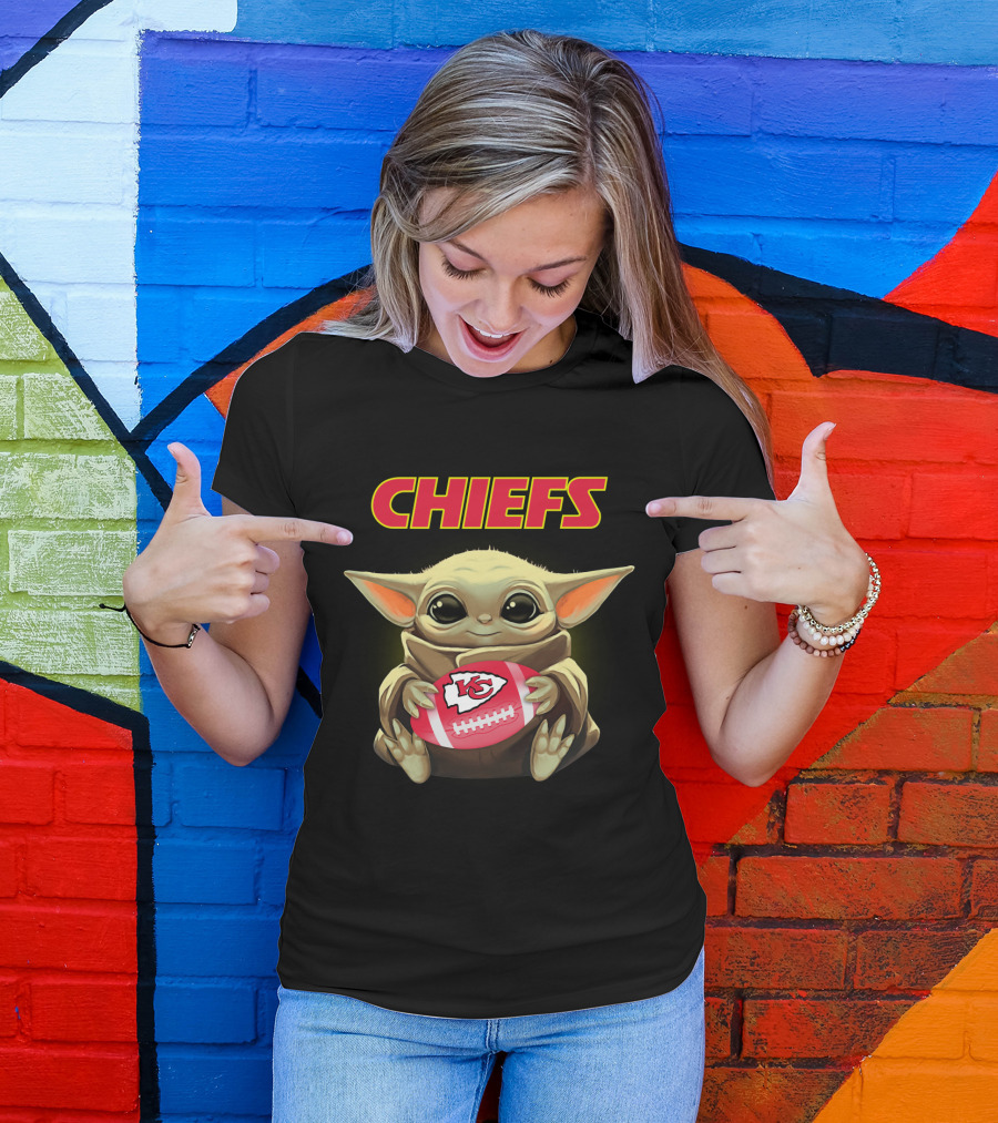 Chiefs Baby Yoda Holding Kansas City Football T-Shirt
