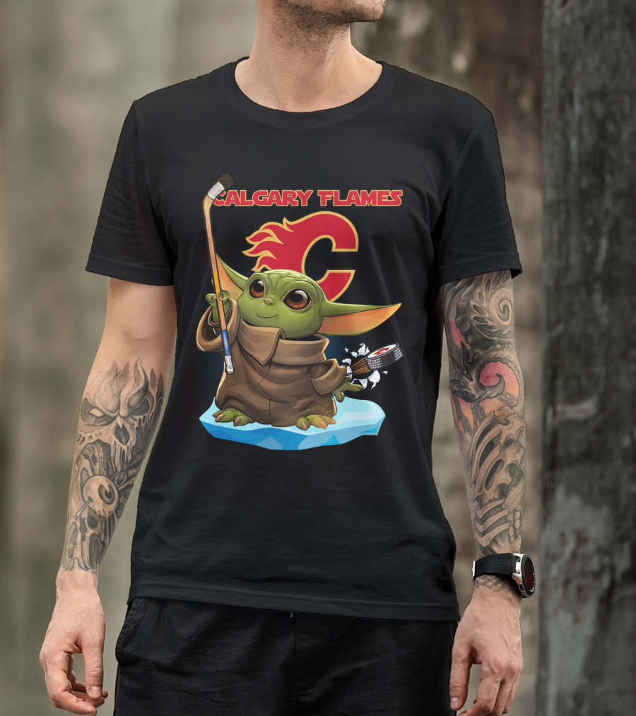 Calgary Flames Baby Yoda Nhl Hockey Crossover T-Shirt