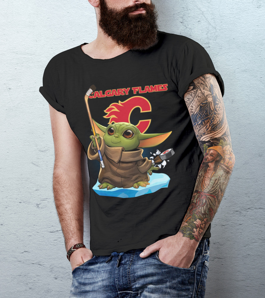 Calgary Flames Baby Yoda Nhl Hockey Crossover T-Shirt