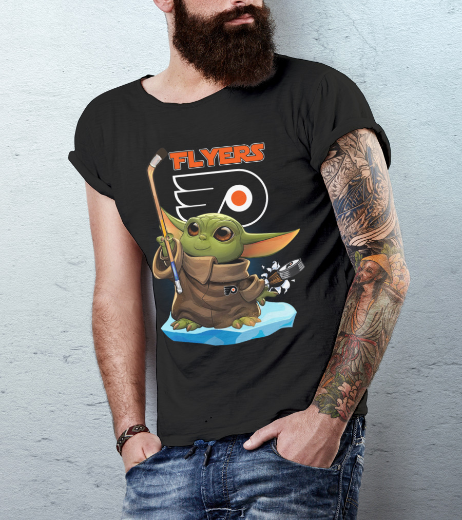 Philadelphia Flyers Baby Yoda With Hockey Stick And Puck T-Shirt