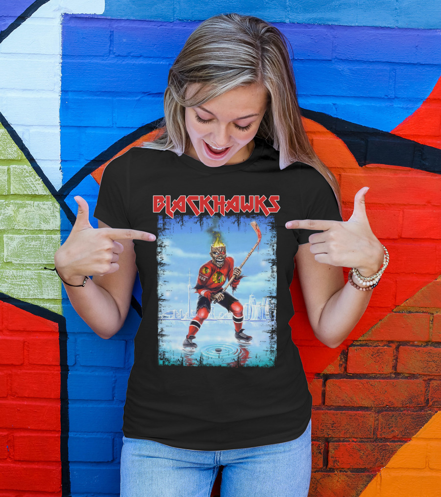 Blackhawks Chicago Ice Hockey Skeleton Figure Skating On Cityscape T-Shirt